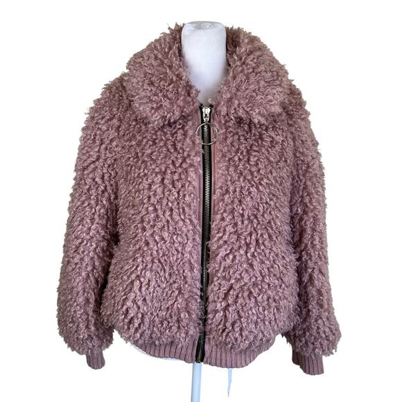Zara TRF Sz S Faux Shearling Bomber Jacket in Mauve Fuzzy Zip-up Boho Warm - Picture 4 of 16